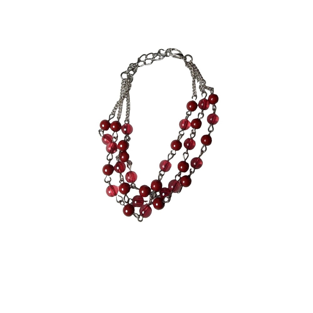 Three Strand Red And Silver Plated Beaded Bracelet